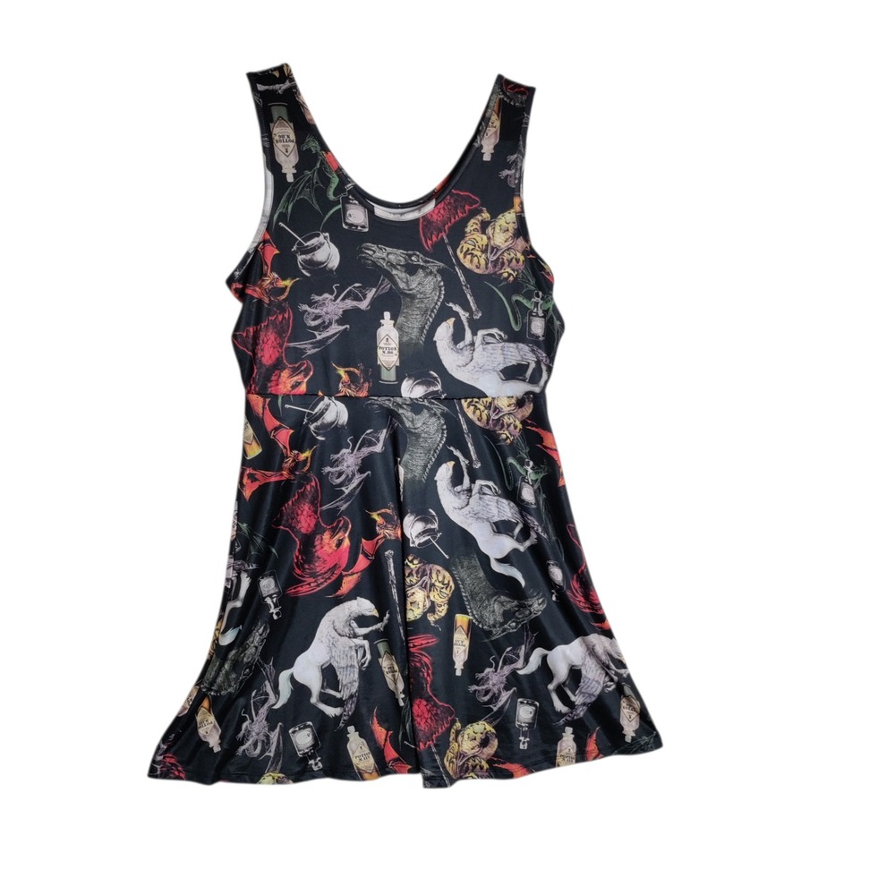 Magical Creatures Black Mini Dress with Multi-Color Graphic Print